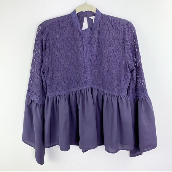 Sun & Shadow Purple Lace Inset Peplum Top Bell Sleeves M - Picture 1 of 15